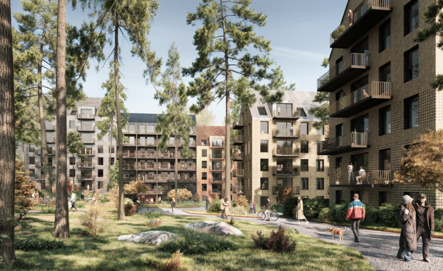 Husen inom fastigheten Kuratorn 6 i Umeå. Östvy i gårdsrummet.