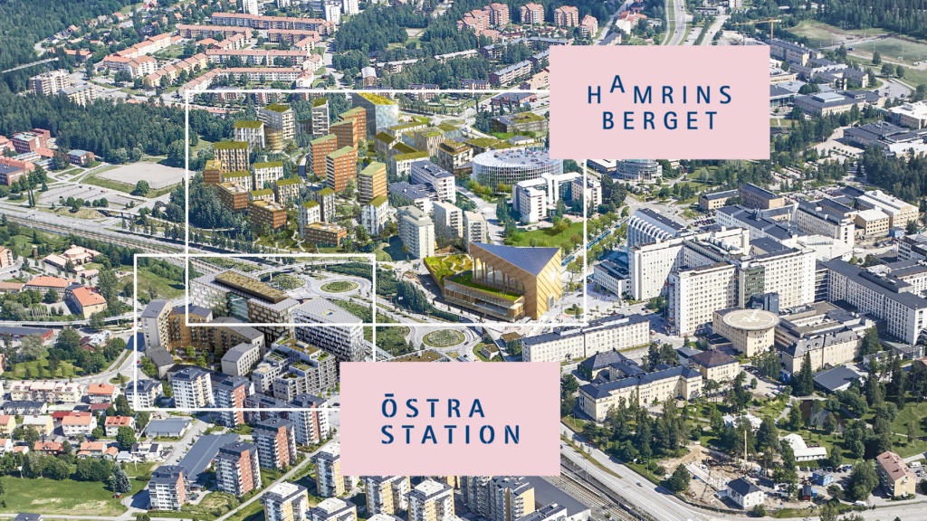 Flygbild över Hamrinsberget och Östra Station