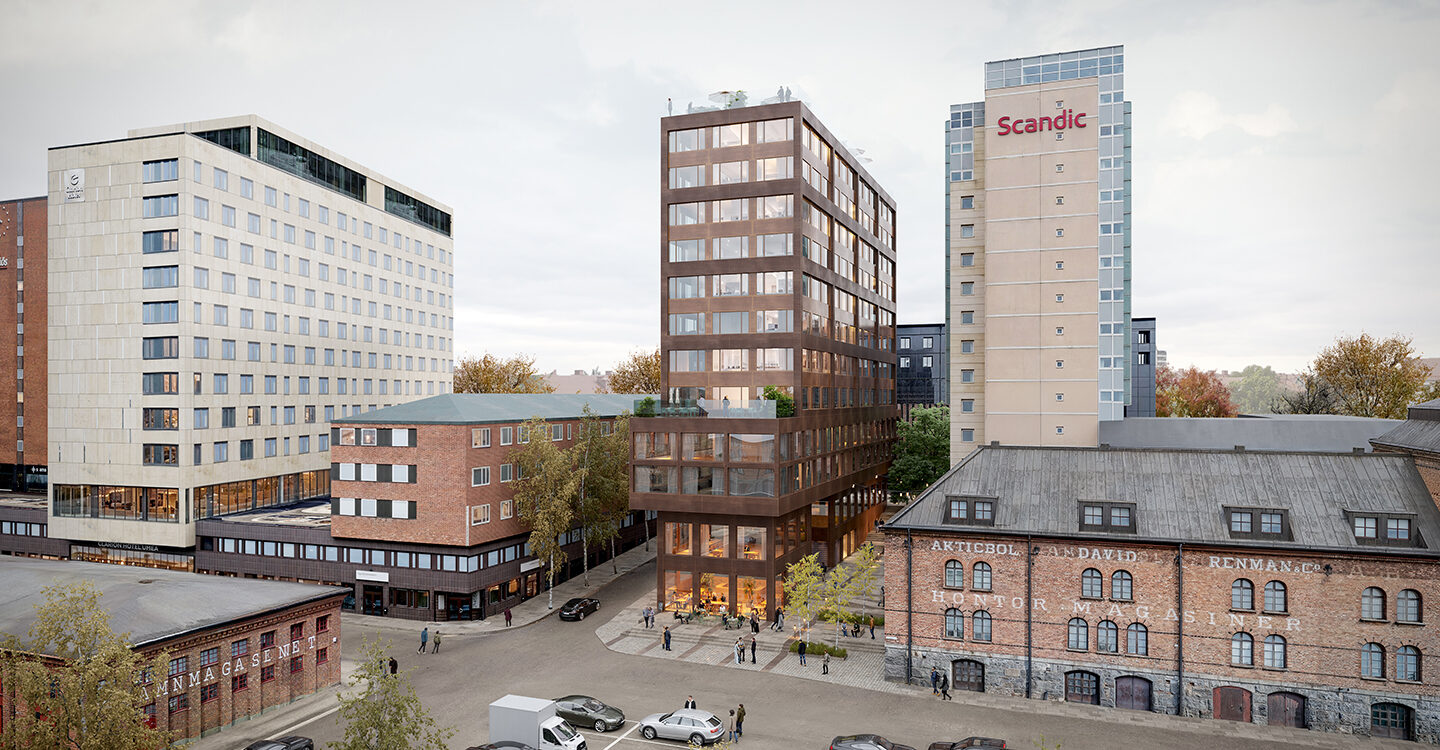 Bilden visa hur det nya huset tornar upp sig till vänster om Scandic Plaza.