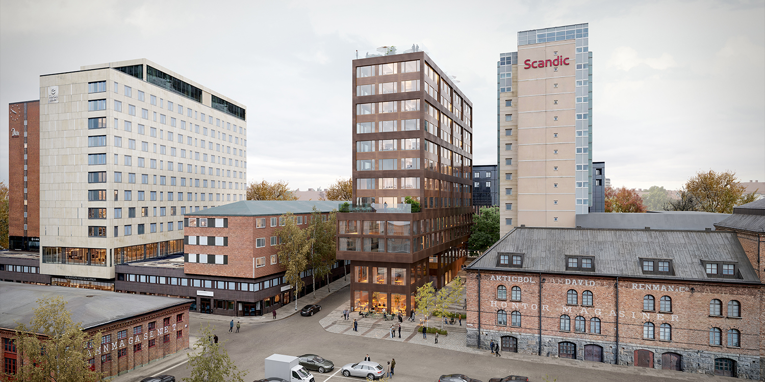 Bilden visa hur det nya huset tornar upp sig till vänster om Scandic Plaza.
